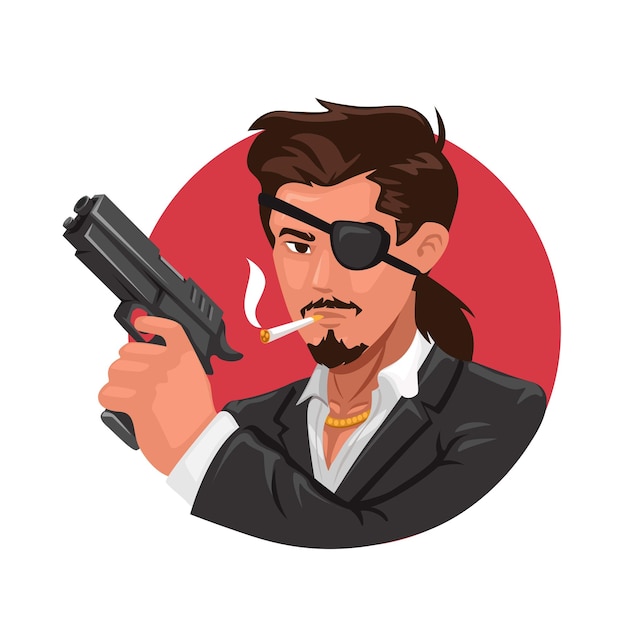 Mann mit Waffe Mafia Gangster Avatar Charakter Maskottchen Illustration Vektor