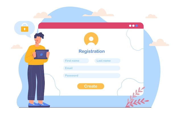 Vektor mann mit website-registrierungsvektorkonzept