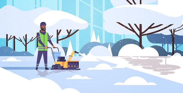 Vektor mann reiniger in uniform mit schneefräse schneeräumungskonzept afroamerikaner arbeiter reinigung winter schneebedeckten park landschaft flach in voller länge horizontale vektor-illustration