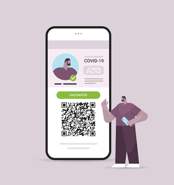 Mann reisender mit digitalem immunitätspass mit qr-code auf smartphone-bildschirm risikofreies covid-19-pandemie-impfzertifikat coronavirus-immunitätskonzept in voller länge vektorillustration