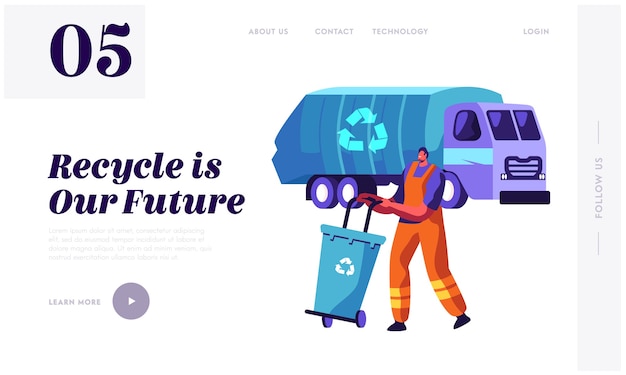 Mann sammeln müllcontainer zu müllwagen mit recycling-zeichen landingpage-vorlage