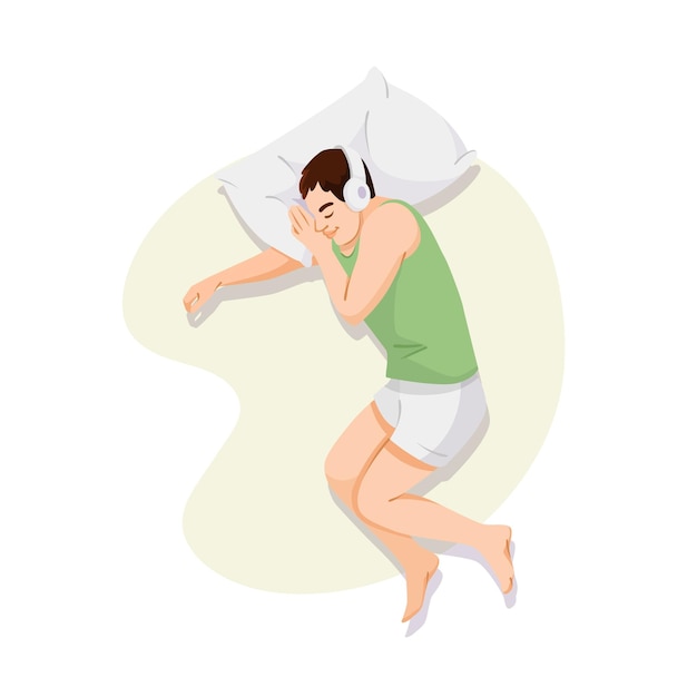 Mann schläft friedlich mit Kopfhörern auf einem Kissen Vektor-Illustration