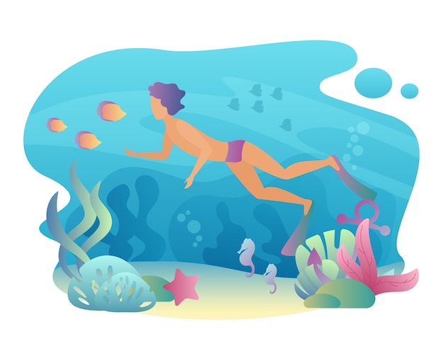 Mann schnorcheln schwimmt unter wasser. sommersport freizeit. männliches tauchen