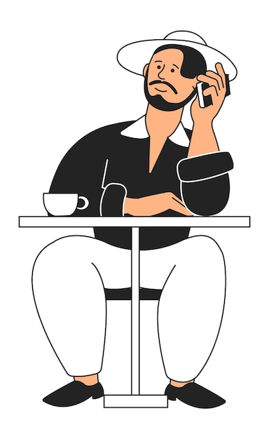 Mann sitzt am cafétisch und telefoniert mit dem handy. vektor-illustration