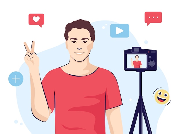 Mann spricht auf einer Kamera, Video-Blogger-Rekord