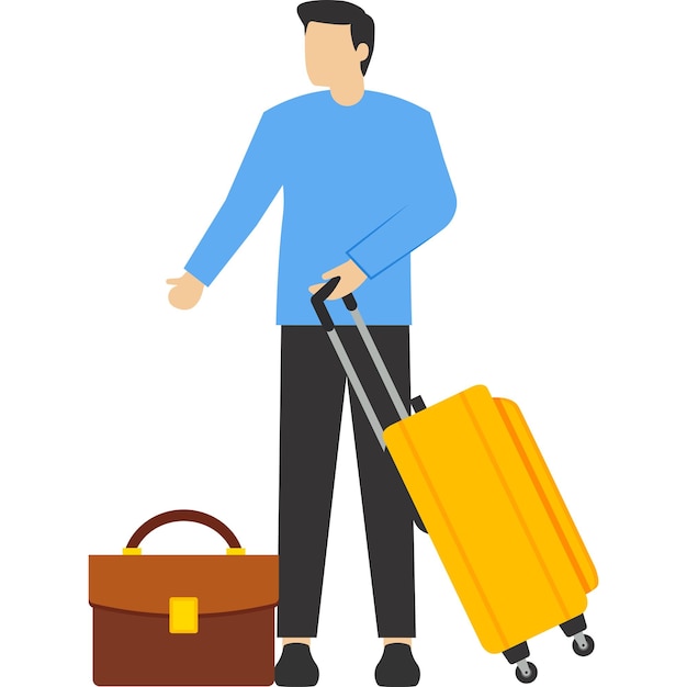 Mann steht in der Nähe des Koffers mit Pass und Ticket Mann Passagier vor oder nach der Registrierung