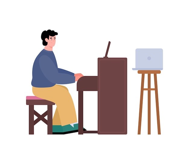Mann studiert Klavier durch Online-Unterricht flache Vektorillustration isoliert