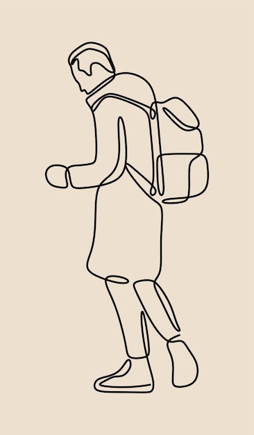 Mann trägt rucksack einzeilig durchgehende einzeilige kunst