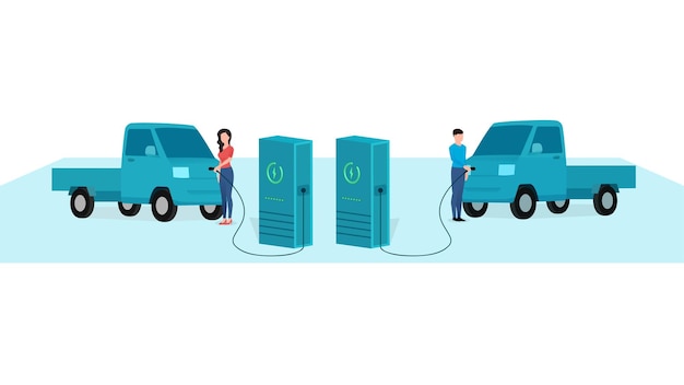 Mann und frau, die das liefertempo an der ladestation für elektrofahrzeuge am ev-ladepunkt aufladen, geschäftscharakter, vektorgrafik auf weißem hintergrund