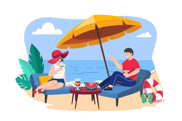 Mann und Frau liegen auf der Strandlounge und trinken Cocktails