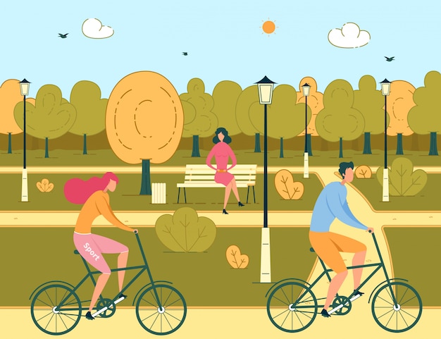 Mann und frau paar fahren fahrräder im öffentlichen park