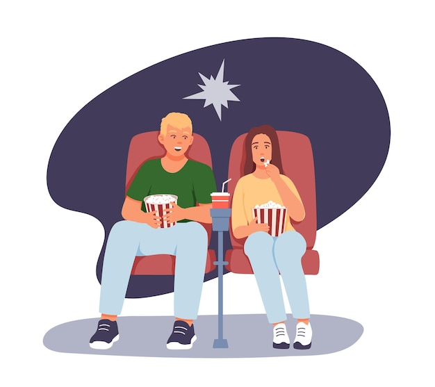 Mann und frau sitzen im kino und essen popcorn, freunde treffen sich