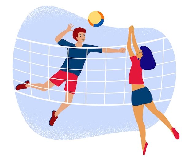 Vektor mann und frau spielen volleyball durch netz