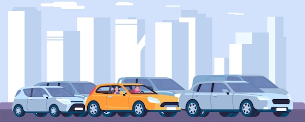Mann und Frau stecken im Stau auf der Autobahn Autos überfüllte Straße Stadtverkehr Innenstadt Landschaft mit Wolkenkratzern und Verkehr Menschen fahren auf der Straße Vektorkonzept