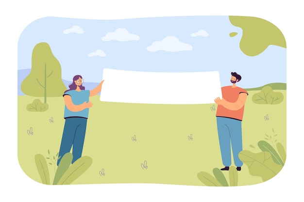 Mann und frau stehen auf der wiese mit leerem banner. kleines mädchen und junge, die flache vektorillustration des weißen plakats halten. natur, ökologiekonzept für banner, website-design oder landing-webseite