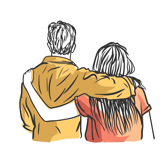 Mann und Frau stehen rückwärts, Hände auf der Schulter, Paarvektorillustration