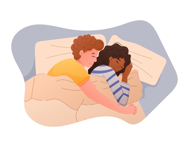 Mann und Frau umarmen sich im Bett unter der Decke. Vektorisolierte flache Illustration eines schlafenden verliebten Paares