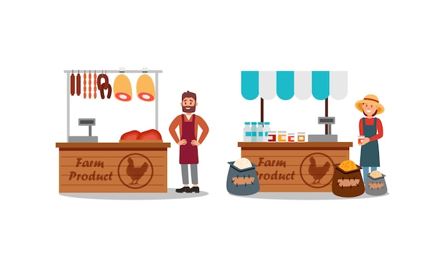 Mann und Frau Verkäufer in Schürzen stehen an der Straße Stand oder Stall mit Fleisch und Getreide Vektor Illustration Set