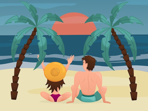 Vektor mann und mädchen sitzen am strand zwischen palmen und beobachten den sonnenuntergang