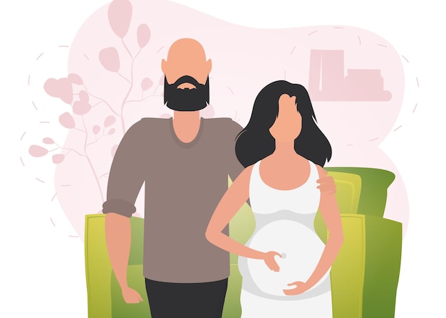 Mann und schwangere frau banner zum thema junge familie wartet auf die geburt eines kindes glückliche schwangerschaft nette illustration im flachen stil