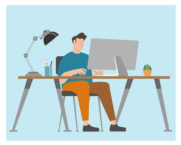 Mann vor dem Computermonitor flache Vektorillustration Arbeit von zu Hause Konzept Vektor