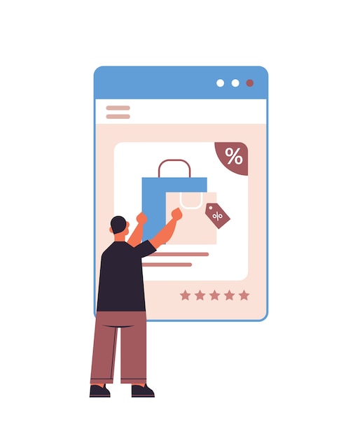 Mann wählt Einkäufe im Webbrowser-Fenster Online-Shopping Cyber Montag Verkauf Urlaub Rabatte E-Commerce-Konzept vertikal