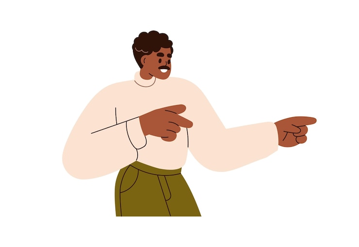 Vektor mann zeigt mit den fingern, zeigt eine handgestur, glücklicher lächelnder mann weist die richtung an, präsentiert werbung mit aufgeregtem gefühlsausdruck, flache vektorillustration, isoliert auf weißem hintergrund