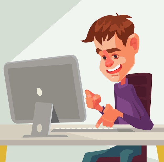 Manncharakter, der am Computer arbeitet. flache Karikaturillustration