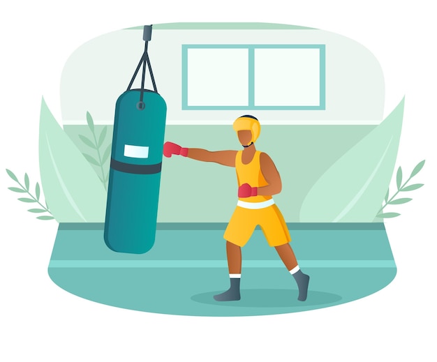 Mannlicher Boxer in Sportbekleidung trainiert mit Boxsack im Fitnessstudio Konzept des Boxtrainings Sport