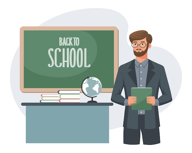Mannlicher Lehrer im Klassenzimmer Das Konzept der Schule und der Lernenden Lehrer Tag zurück in die Schule