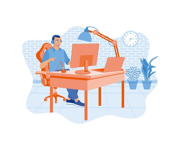 Mannlicher Programmierer, der während des Musikhörens arbeitet und Software mit Computern und Laptops entwickelt.