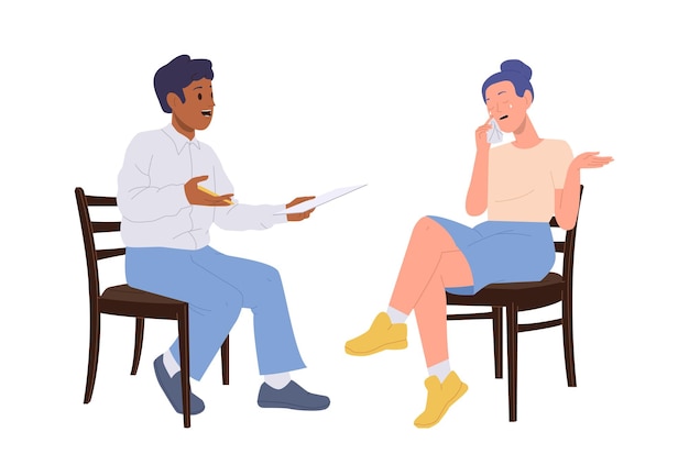 Vektor mannlicher psychotherapeut spricht mit einer weinenden patientin während einer therapie-interview-sitzung wegen stress, isoliert auf weißem hintergrund psychologe-couch unterstützt den klienten vektor-illustration