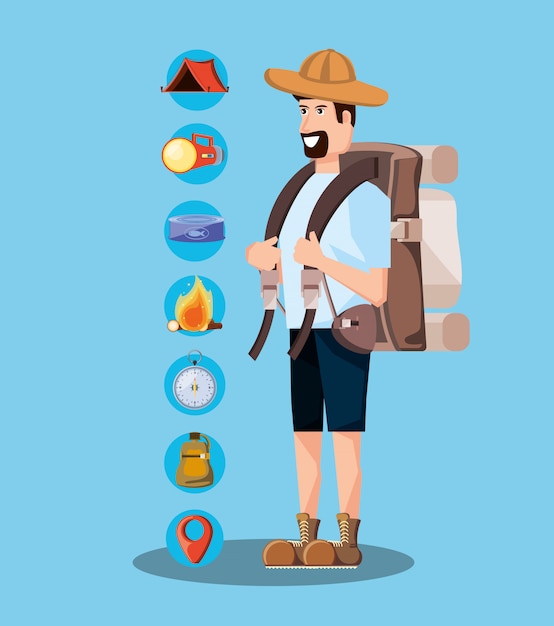 Manntourist mit tasche kampierend und stellte ikonen ein