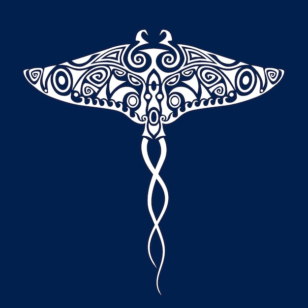 Mantarochen-illustration im maori-stil ornament für taucher weiß auf blauem hintergrund