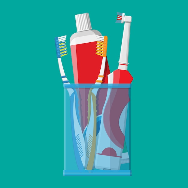 Manuelle und elektrische Zahnbürste, Zahnpasta, Glas