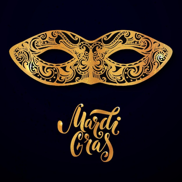 Mardi Gras Mask Illustration Vektor goldener Typ auf dunkelblauem Hintergrund Masquerade Einladungsdesign