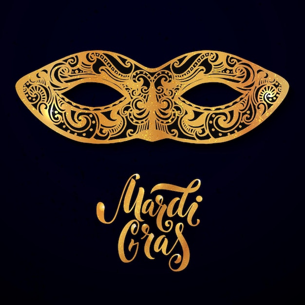 Mardi gras mask illustration vektor goldener typ auf dunkelblauem hintergrund masquerade einladungsdesign