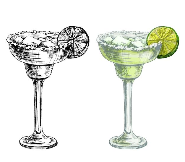 Margarita-cocktail mit limetten-eiswürfel und salz vintage-schraffur-vektorfarbillustration isoliert auf weißem hintergrund