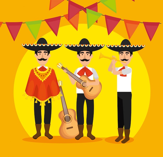 Mariachi männer mit instrumenten und party banner