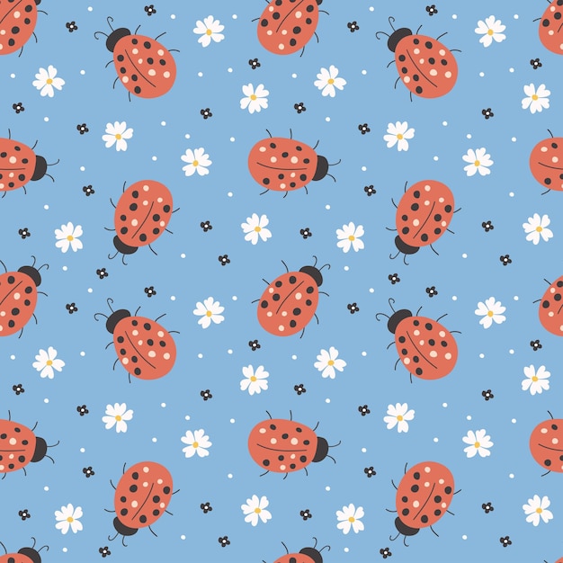 Marienkäfer und Blumen Einfaches Muster Nahtloses Muster Vektor-Illustration