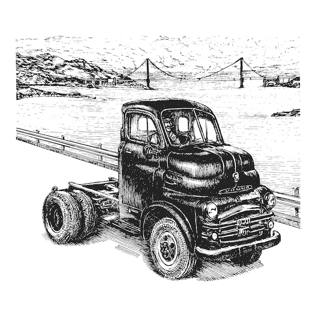 Vektor marine-ansicht mit truck-vintage-illustration in vektorzeichnung im retrostil