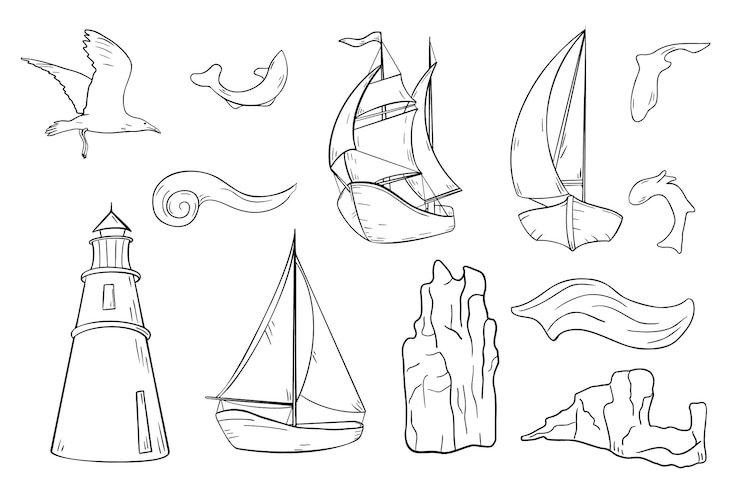 Vektor marine-set mit schiffen vektorgrafischen illustrationen verschiedene boote und meeresleben tinte silhouette handgezeichnet elemente für das design meereslandschaft wellen felsen vogel und fisch schwarz-weiße linie nautical clipart