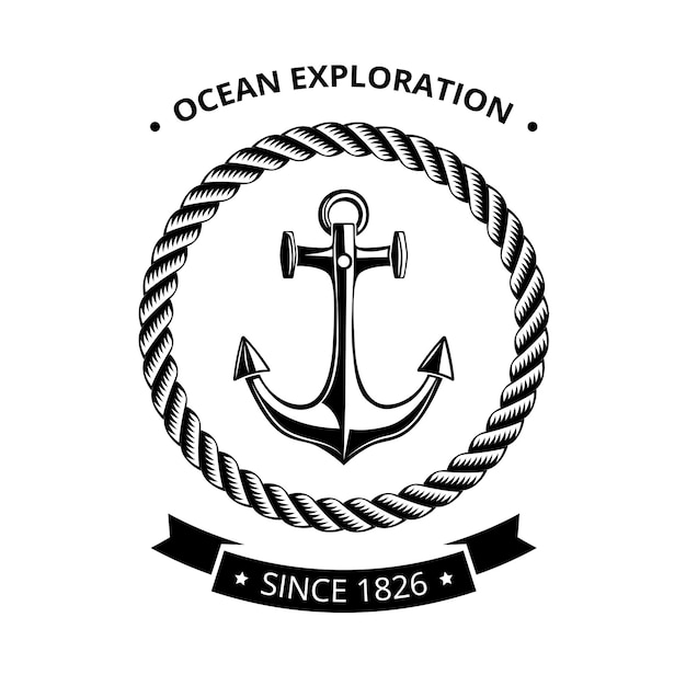 Vektor maritime symbole logo - anker im runden rahmen des seils mit schwarzem band und platz für text