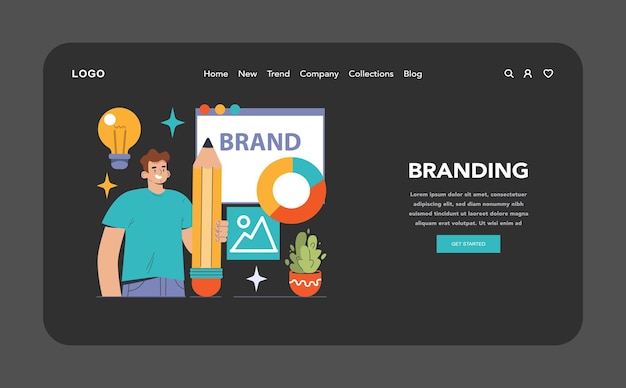 Markenbildung im dunklen oder nächtlichen Modus Landing-Web-Marketing Entwicklung einer Markenidentität mit Kreativität und
