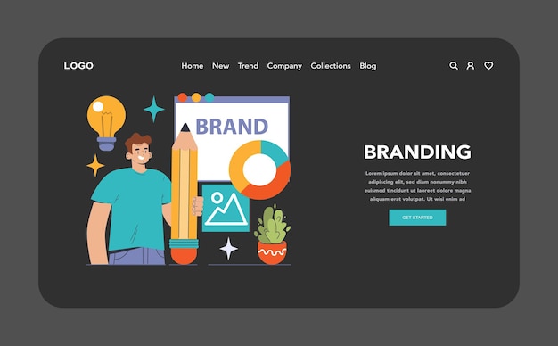 Vektor markenbildung im dunklen oder nächtlichen modus landing-web-marketing entwicklung einer markenidentität mit kreativität und