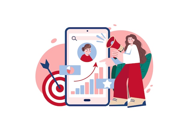 Marketing rotes Konzept mit People-Szene im flachen Cartoon-Design Marketer gibt Anweisungen