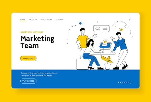 Marketing team landing page banner vorlage. männer und frauen, die smartphone und computer verwenden, um daten zu analysieren, während sie zusammen im büro arbeiten