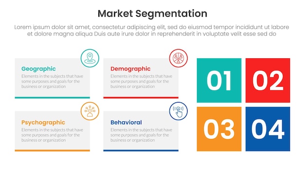 Markt-Segmentation-Framework-Analyse Infografik 4-Punkt-Stufen-Vorlage mit rechteckigem Kasten-Container und quadratischer Form für die Diapräsentation