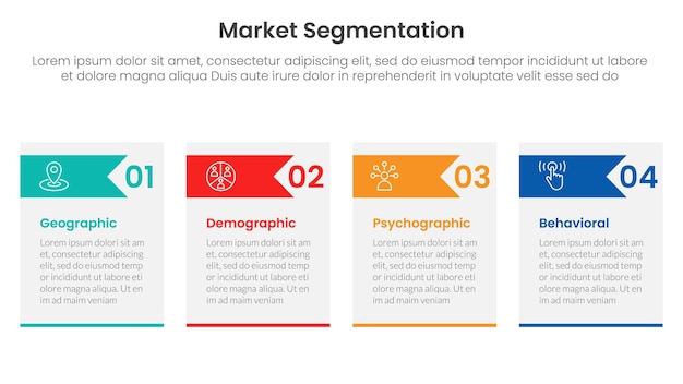 Markt-Segmentierungs-Framework-Analyse Infografik 4-Punkte-Stadium-Vorlage mit Tabellen-Box und Pfeilkopf für die Diapräsentation