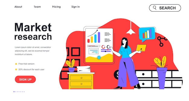 Marktforschungskonzept für Zielseitenvorlage Analytikerin, die Daten analysiert Geschäftsstatistik Finanzanalyse Personenszene Vektorillustration mit flachem Charakterdesign für Webbanner
